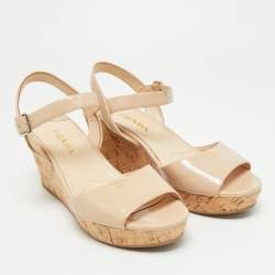 Pre Owned Prada Size 39 Beige Patent Leather Cork Wedge Sandals
