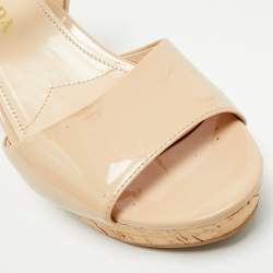 Pre Owned Prada Size 39 Beige Patent Leather Cork Wedge Sandals