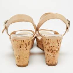 Pre Owned Prada Size 39 Beige Patent Leather Cork Wedge Sandals