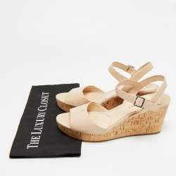 Pre Owned Prada Size 39 Beige Patent Leather Cork Wedge Sandals