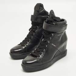 Pre Owned حذاء رياضي برادا إسفين جلد أسود مقاس 41