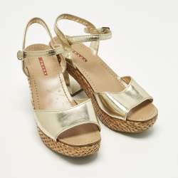 Pre Owned Prada Size 39.5 Gold Leather Platform Ankle Strap Sandals