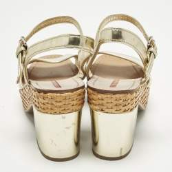 Pre Owned Prada Size 39.5 Gold Leather Platform Ankle Strap Sandals