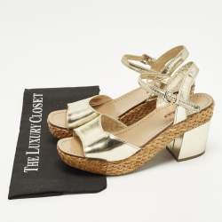 Pre Owned Prada Size 39.5 Gold Leather Platform Ankle Strap Sandals