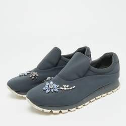 مملوكة مسبقًا Prada Catch Me If You Can Size 39 Grey Neoprene Crystal Embellished Slip On Sneakers