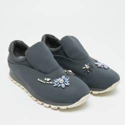 مملوكة مسبقًا Prada Catch Me If You Can Size 39 Grey Neoprene Crystal Embellished Slip On Sneakers