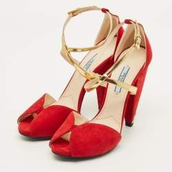 مملوكة مسبقًا Prada Vinho Size 38 Red/Gold Leather and Suede Ankle Strap Sandals