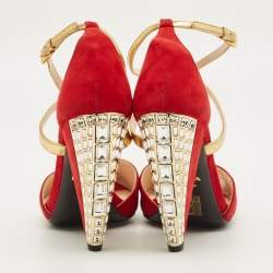 مملوكة مسبقًا Prada Vinho Size 38 Red/Gold Leather and Suede Ankle Strap Sandals
