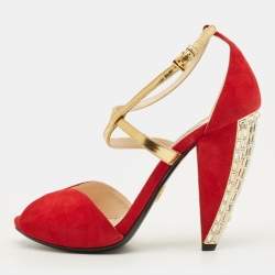 مملوكة مسبقًا Prada Vinho Size 38 Red/Gold Leather and Suede Ankle Strap Sandals