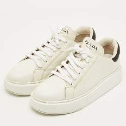 مملوكة مسبقًا حذاء رياضي برادا جلد أبيض/أسود ليز أب لو توب مقاس 38.5