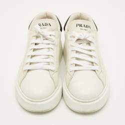 مملوكة مسبقًا حذاء رياضي برادا جلد أبيض/أسود ليز أب لو توب مقاس 38.5