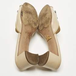 مملوكة مسبقًا صندل سلايد برادا بجلد بيج سافيانو لامع مزين بالكريستال مقاس 37