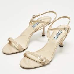 Pre Owned Prada Size 37 Beige Patent Leather Ankle Strap Sandals