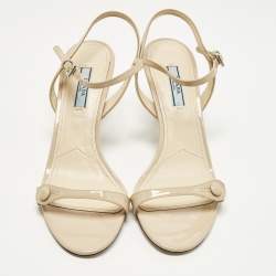 Pre Owned Prada Size 37 Beige Patent Leather Ankle Strap Sandals