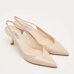Pre Owned Prada Size 41 Cream Croc Embossed Leather Pointed Toe Slingback Pumps