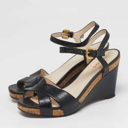 Pre Owned Prada Size 39.5 Black Leather Crisscross Wedge Sandals