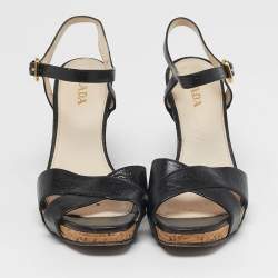 Pre Owned Prada Size 39.5 Black Leather Crisscross Wedge Sandals
