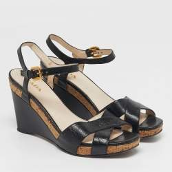 Pre Owned Prada Size 39.5 Black Leather Crisscross Wedge Sandals