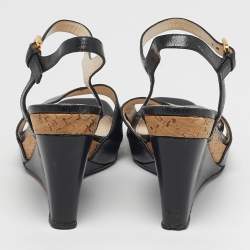 Pre Owned Prada Size 39.5 Black Leather Crisscross Wedge Sandals