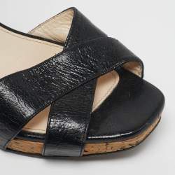 Pre Owned Prada Size 39.5 Black Leather Crisscross Wedge Sandals