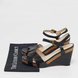 Pre Owned Prada Size 39.5 Black Leather Crisscross Wedge Sandals