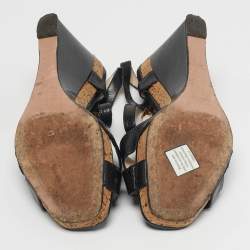 Pre Owned Prada Size 39.5 Black Leather Crisscross Wedge Sandals