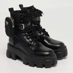 مملوكة مسبقًا حذاء بوت منتصف ساق برادا مونوليث جلد أسود ونايلون مقاس 37