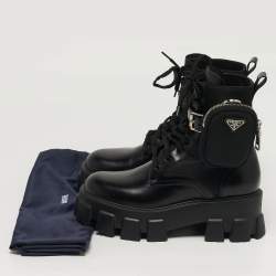 مملوكة مسبقًا حذاء بوت منتصف ساق برادا مونوليث جلد أسود ونايلون مقاس 37