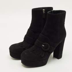 مملوكة مسبقًا حذاء بوت كاحل برادا مقدمة مفتوحة تفاصيل شراشيب سويدي أسود مقاس 36.5