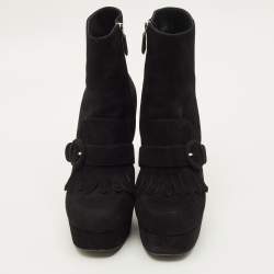 مملوكة مسبقًا حذاء بوت كاحل برادا مقدمة مفتوحة تفاصيل شراشيب سويدي أسود مقاس 36.5