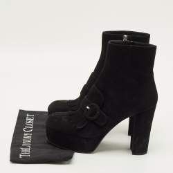 مملوكة مسبقًا حذاء بوت كاحل برادا مقدمة مفتوحة تفاصيل شراشيب سويدي أسود مقاس 36.5