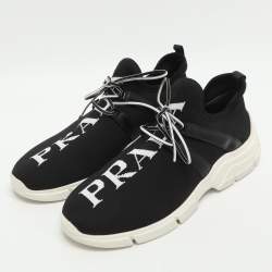 Pre Owned Prada Size 39 Black Logo Print Knit Fabric and Leather Low Top Sneakers
