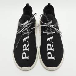 Pre Owned Prada Size 39 Black Logo Print Knit Fabric and Leather Low Top Sneakers