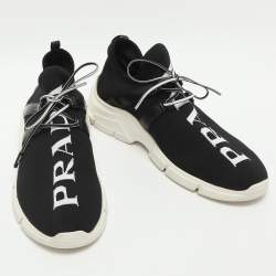 Pre Owned Prada Size 39 Black Logo Print Knit Fabric and Leather Low Top Sneakers