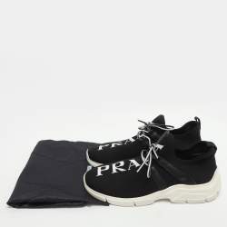 Pre Owned Prada Size 39 Black Logo Print Knit Fabric and Leather Low Top Sneakers