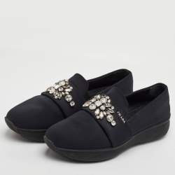 Pre Owned Prada Size 39.5 Black Neoprene Crystal Embellished Slip On Sneakers