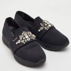 Pre Owned Prada Size 39.5 Black Neoprene Crystal Embellished Slip On Sneakers