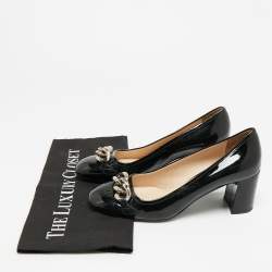 مملوكة مسبقًا Prada Size 36.5 Black Patent Leather Chain Embellished Block Heel Pumps