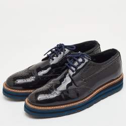 Pre Owned Prada Size 38 Black Brogue Patent Leather Lace Up Platform Derby Sneakers