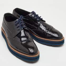 Pre Owned Prada Size 38 Black Brogue Patent Leather Lace Up Platform Derby Sneakers