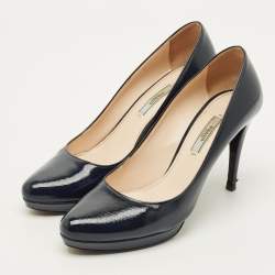 Pre Owned Prada Size 39.5 Navy Blue Saffiano Leather Platform Pumps