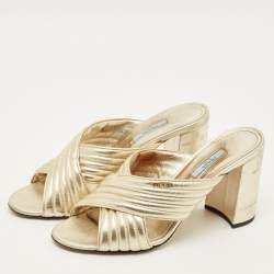 مملوكة مسبقًا صندل برادا جلد ذهبي كعب سميك مقاس 40