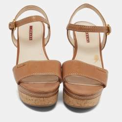 Pre Owned صندل برادا كعب إسفين سيور الكاحل جلد بني مقاس 39