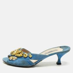 مملوكة مسبقًا Prada Size 38 Blue Suede Crystal Embellished Slide Sandals