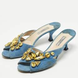 مملوكة مسبقًا Prada Size 38 Blue Suede Crystal Embellished Slide Sandals