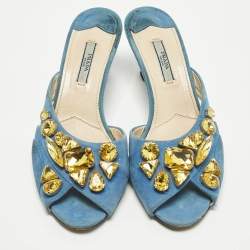 مملوكة مسبقًا Prada Size 38 Blue Suede Crystal Embellished Slide Sandals