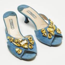 مملوكة مسبقًا Prada Size 38 Blue Suede Crystal Embellished Slide Sandals