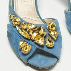 مملوكة مسبقًا Prada Size 38 Blue Suede Crystal Embellished Slide Sandals