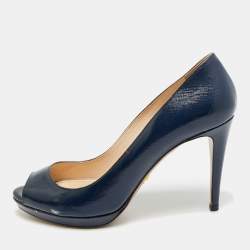 Pre Owned Prada Size 38 Navy Blue Saffiano Leather Platform Peep Toe Pumps