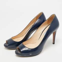 Pre Owned Prada Size 38 Navy Blue Saffiano Leather Platform Peep Toe Pumps